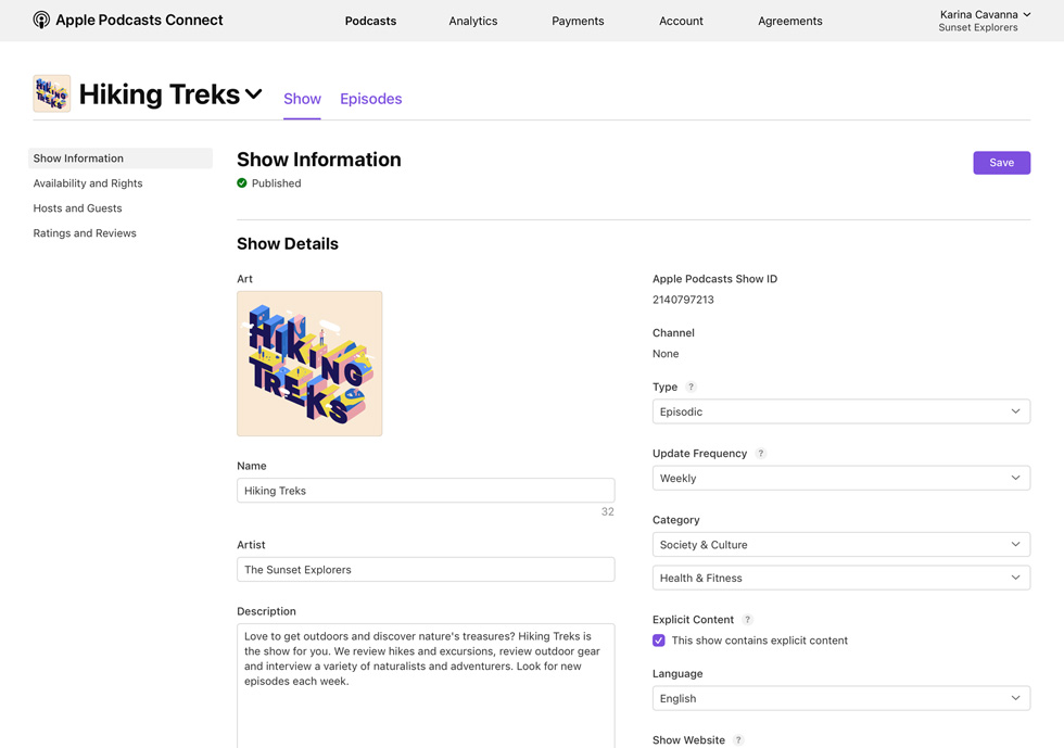 An Apple Podcasts Connect page displays show information for the podcast Hiking Treks.