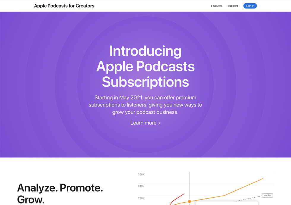 Apple Podcasts for Creators 웹사이트의 소개 페이지.