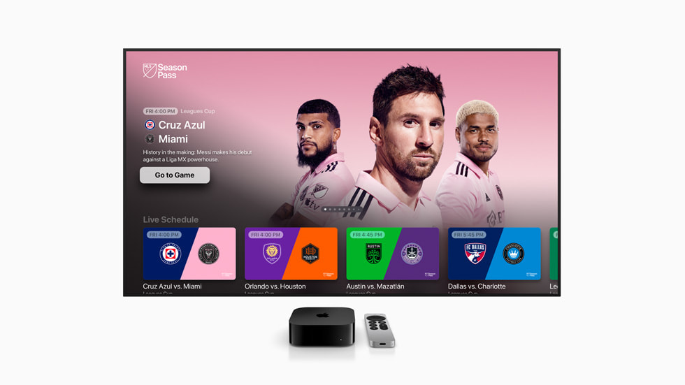 Een Apple TV-scherm met MLS Season Pass.