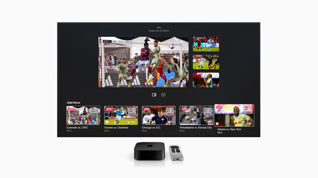 Apple TV 4K mit Multiview-Funktion mit vier Fußballspielen der Major League Soccer, eines davon etwas prominenter auf der linken Seite.
