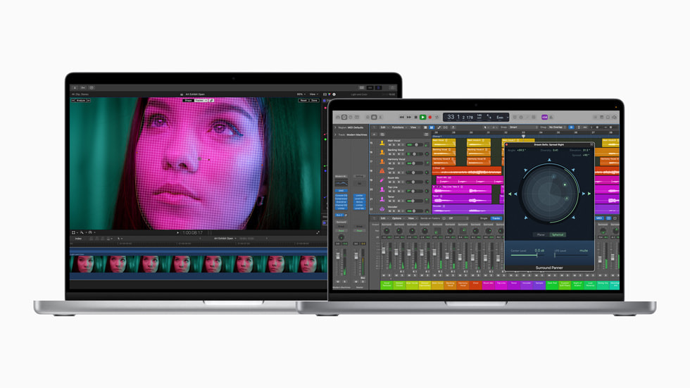 MacBook Pro with M1 Pro and M1 Max in two sizes using the updated features on Final Cut Pro and Logic Pro.