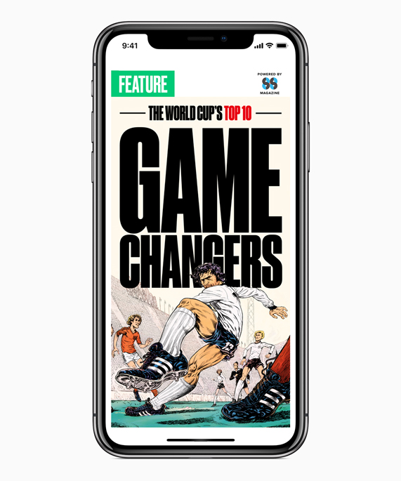 iPhone X, der viser Game Changers-skærmen for VM i Apples News-app