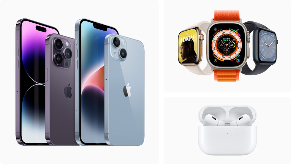 Die neue iPhone 14 Produktfamilie, die neuen Apple Watch Modelle und die neuen AirPods Pro.