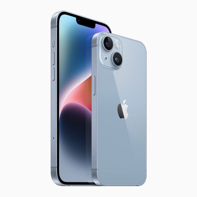 Imagen del iPhone 14 y el iPhone 14 Plus con el nuevo acabado en azul.