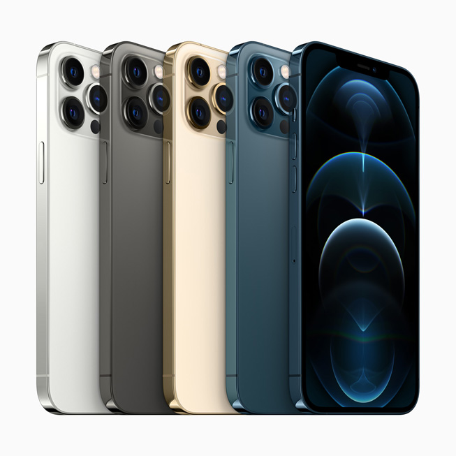 Five models of iPhone 12 Pro Max show off available colors, the pro camera system, and the edge-to-edge Super Retina XDR display.