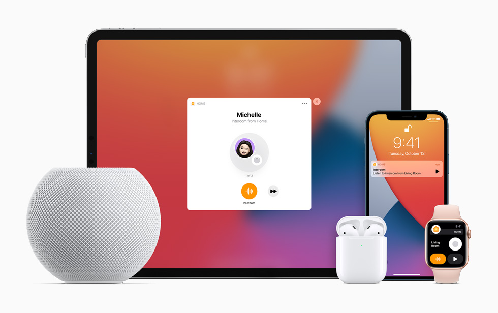 The Intercom feature demonstrated with HomePod mini, iPad Pro, Apple Watch Series 6, AirPods, and iPhone 12. 