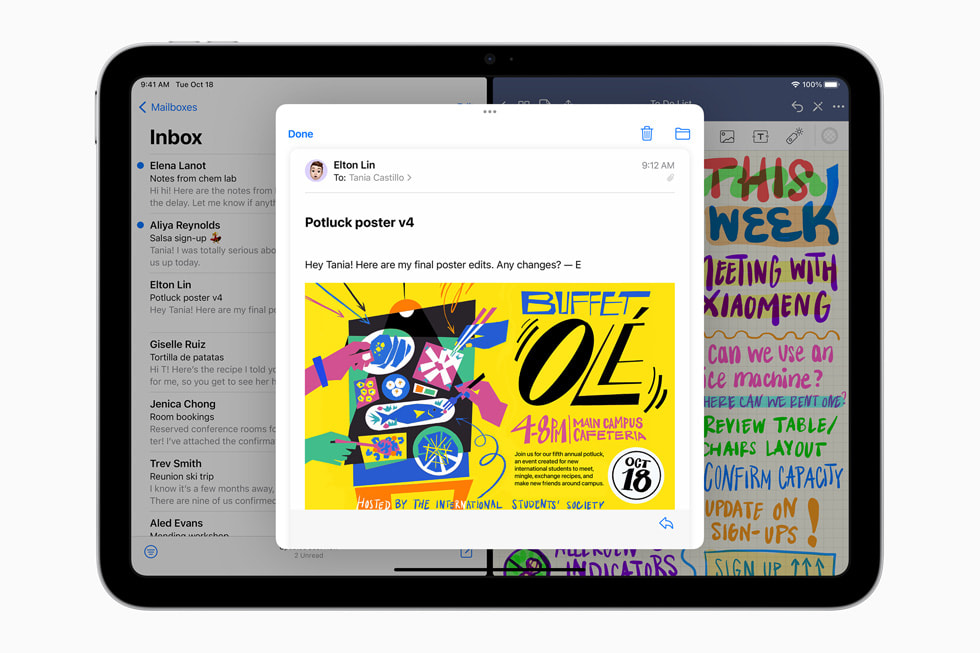iPadOS 16의 Mail 앱에서 Split View 기능을 사용하는 모습을 보여주는 신형 iPad.