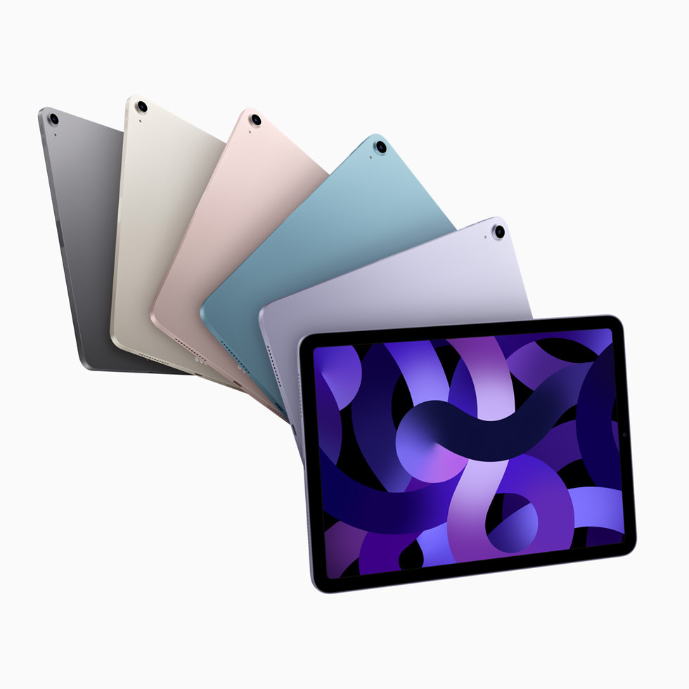 The new iPad Air in space grey, starlight, pink, blue and purple.