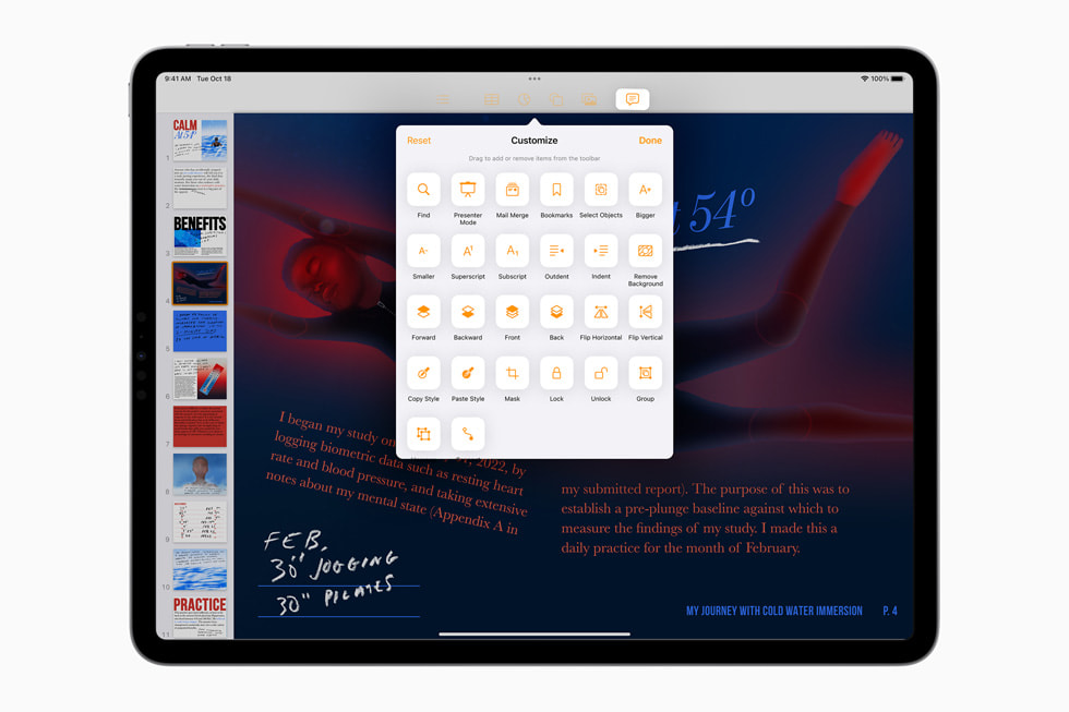 iPadOS 16의 Pages를 사용자화하는 iPad Pro.
