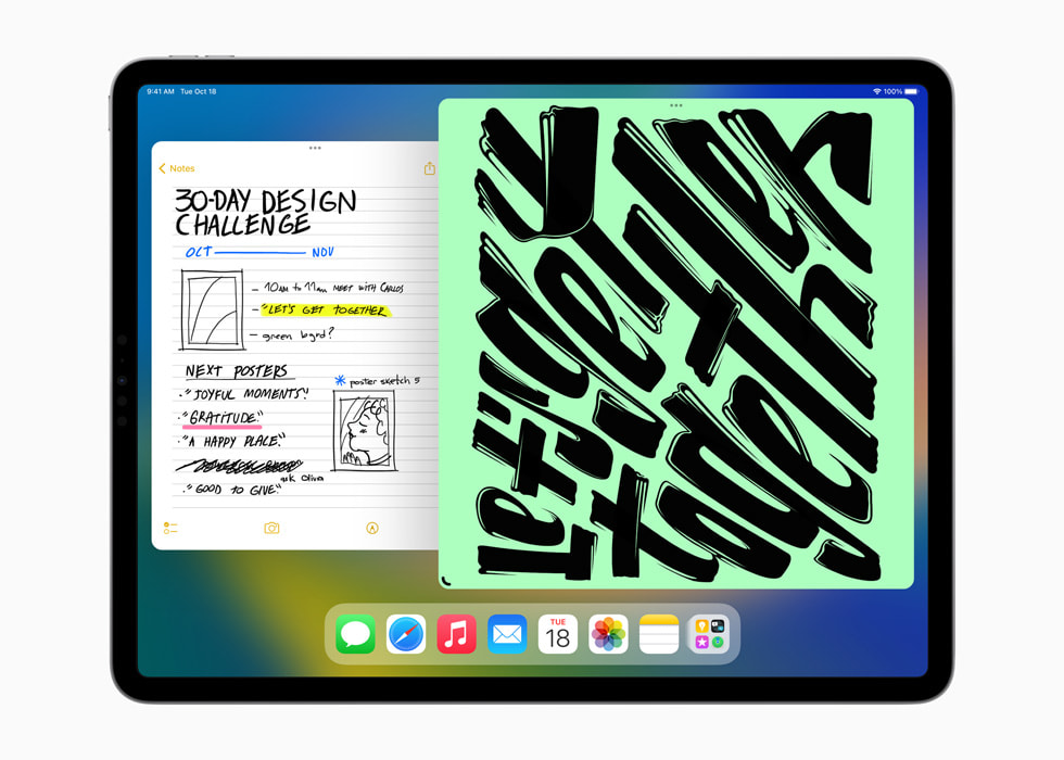 عرض لتطبيقي الملاحظات والصور باستخدام ميزة منظم الواجهة في نظام iPadOS 16 على جهاز iPad Pro مقاس 12.9 إنش الجديد.