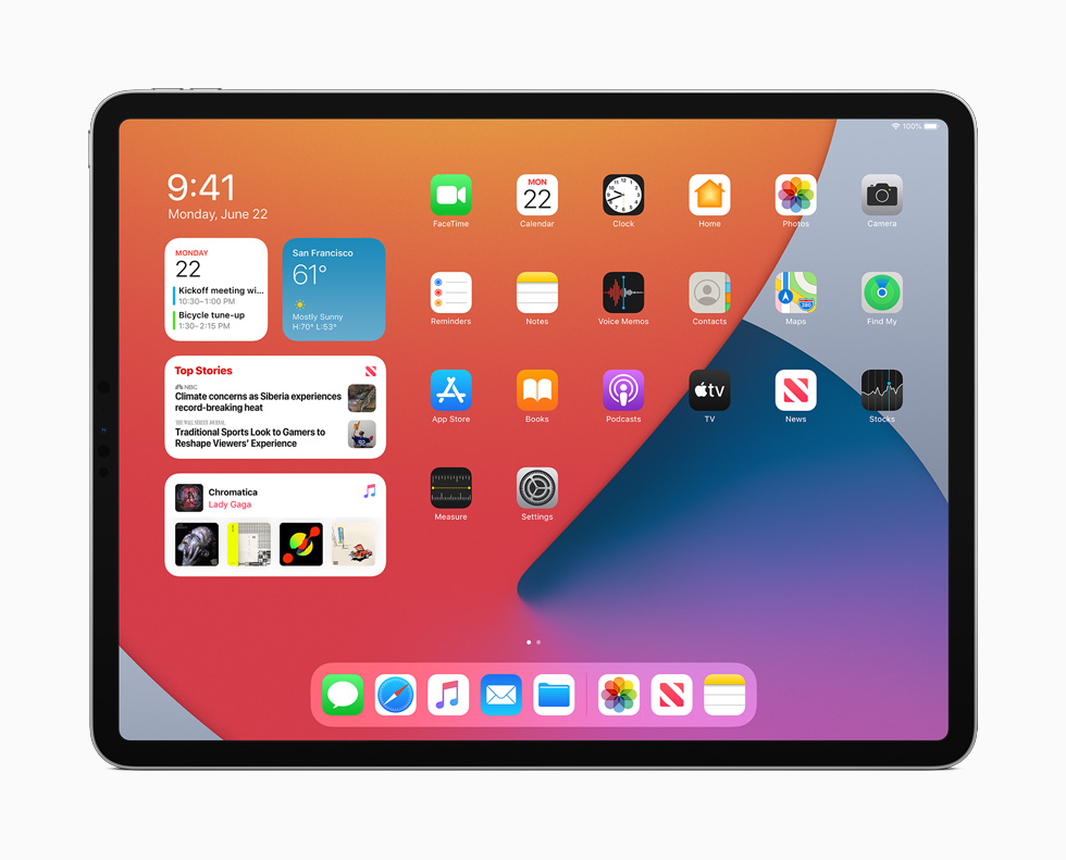 The new Home Screen in iPadOS 14 displayed on iPad Pro.
