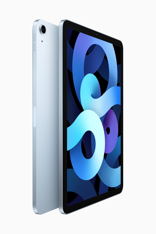 Two iPad Air back-to-back to each other in sky blue.