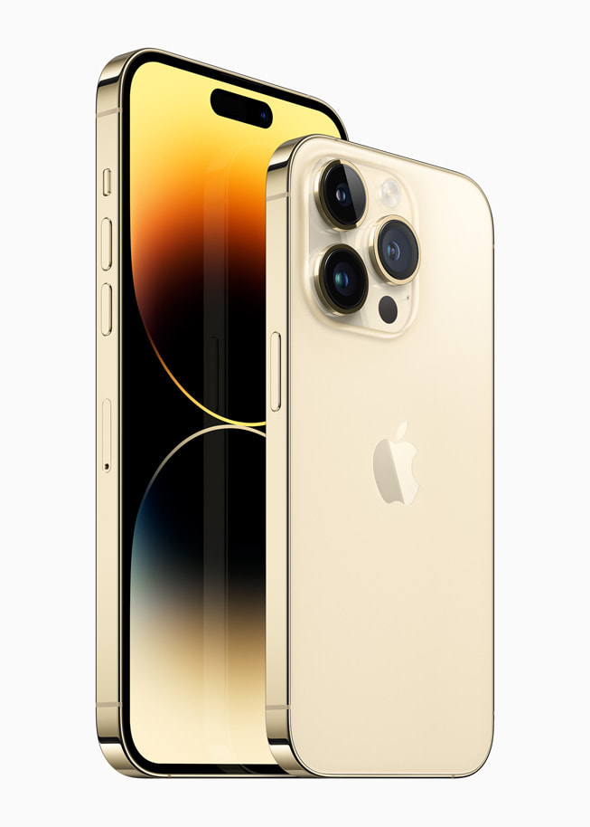 iPhone 14 Pro وiPhone 14 Pro Max معروضان باللون الذهبي.