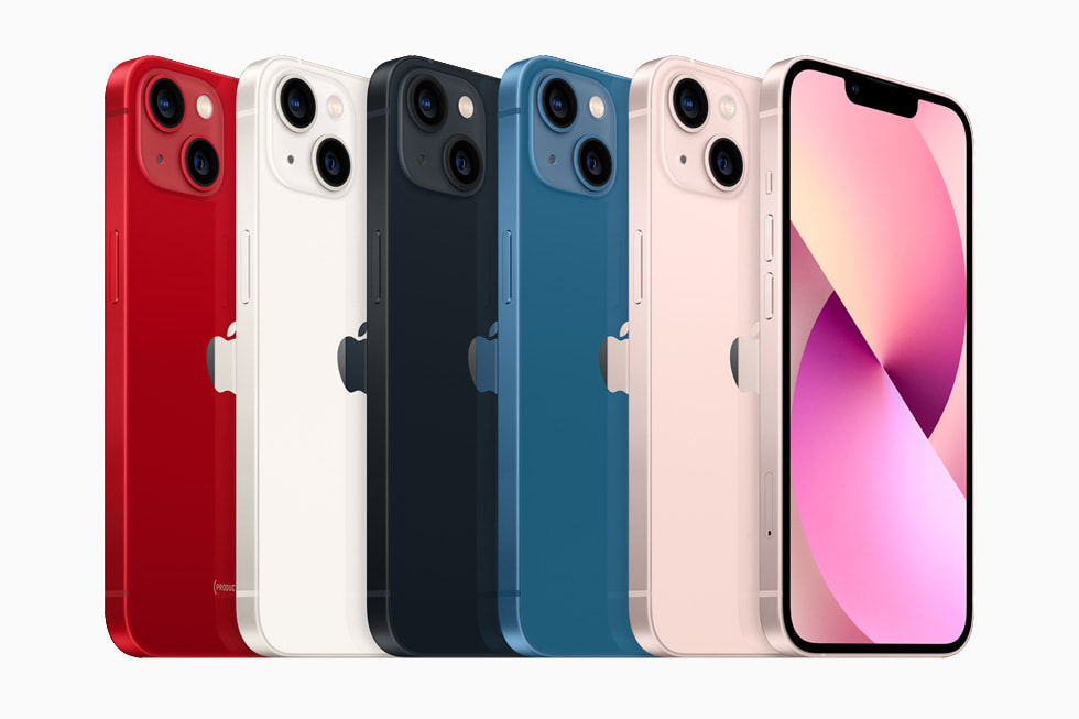 (PRODUCT)RED、星光色、午夜暗色、藍色和粉紅色的 iPhone 13 的產品陣容。