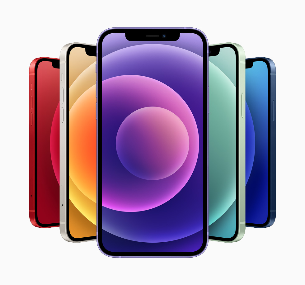 Phone 12 及 iPhone 12 mini 備有藍色、綠色、白色、(PRODUCT)RED 與紫色，可供選擇。