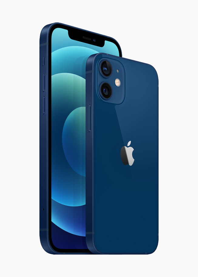 iPhone 12 and iPhone 12 mini in the blue aluminium finish.
