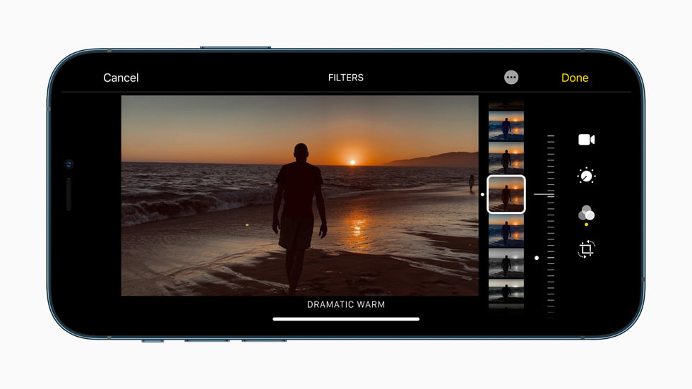 Un filtre appliqué aisément à la photo d’un coucher de soleil sur iPhone 12 Pro.