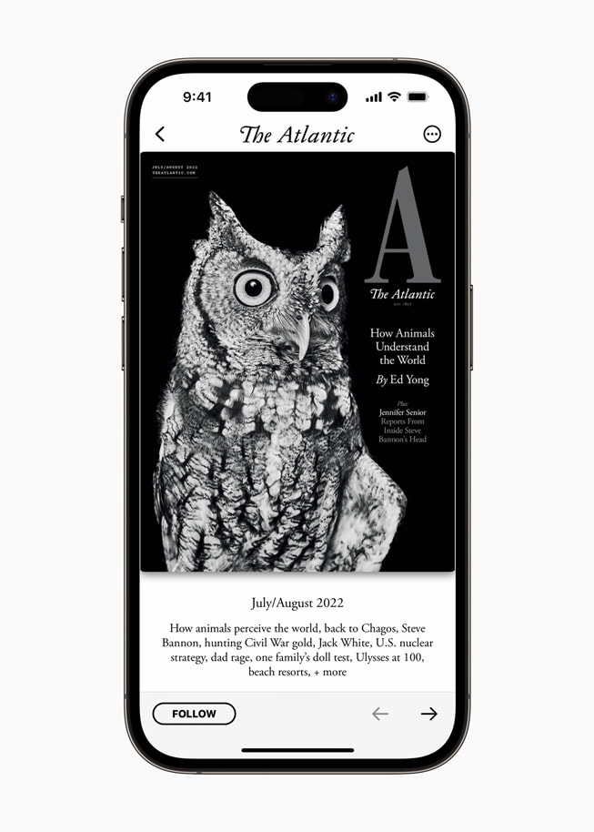 Le numéro de juillet/août 2022 de The Atlantic affiché dans Apple News. On y voit l’article phare d’Ed Young, « How Animals Perceive the World », avec la photo noir et blanc d’un hibou. 