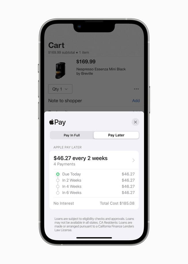 Un écran d’iPhone affichant la nouvelle option Apple Pay Later lors d’un achat.