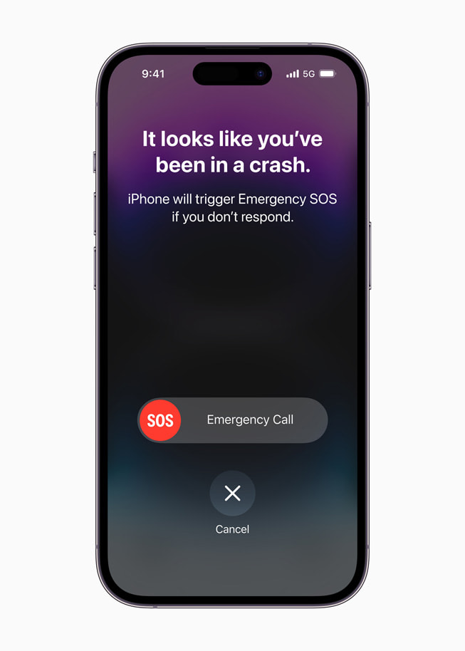 A Detecção de Acidente na interface de ligação para serviços de emergência do iPhone é mostrada.