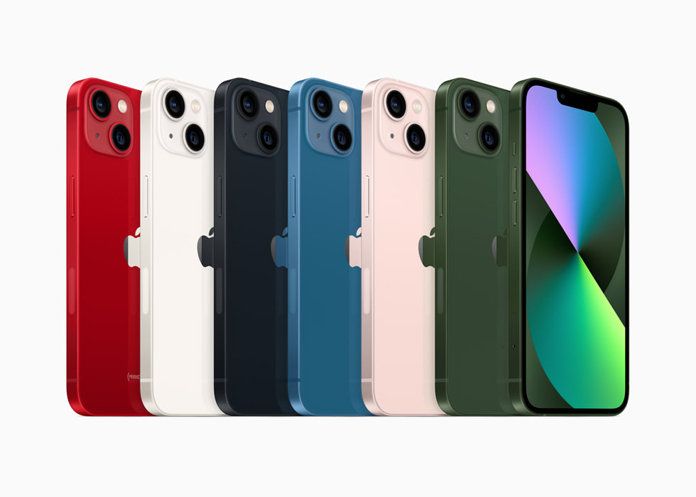 (PRODUCT)RED, yıldız ışığı, gece yarısı, mavi, pembe ve yepyeni yeşil renk seçenekleriyle iPhone 13.