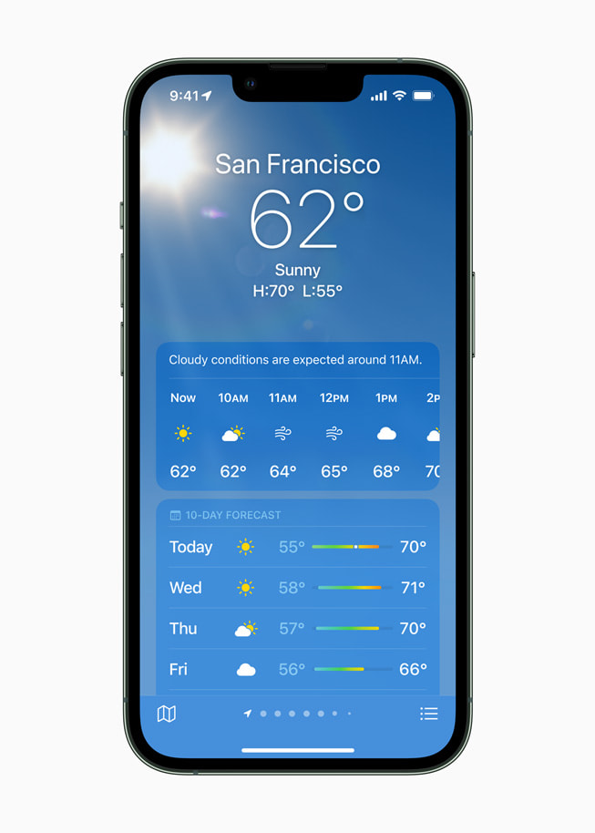 iPhone 13 Pro’daki Hava Durumu uygulamasında hava tahmini gösteriliyor. 