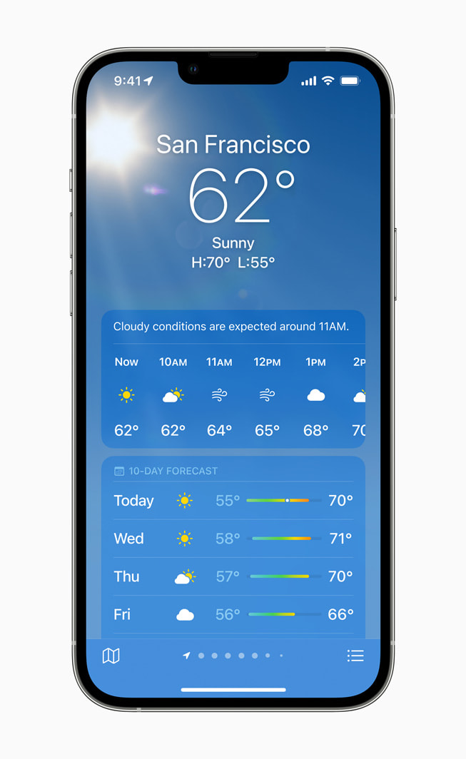 Se muestra en un iPhone 13 Pro la app Clima actualizada en iOS 15.