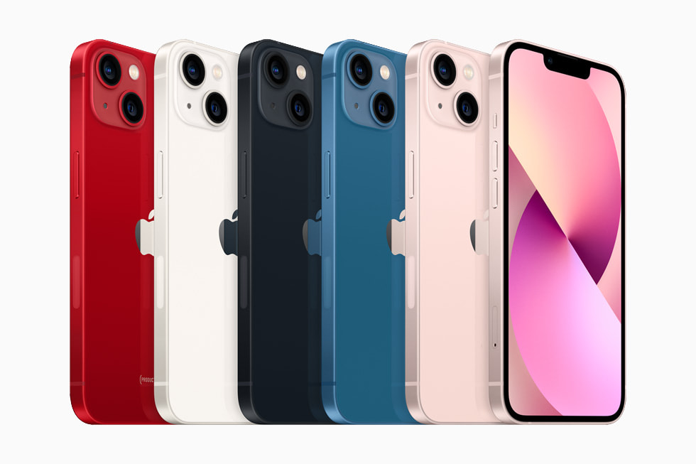 iPhone 13 lineup in (PRODUCT)RED, starlight, midnight, blue, and pink.