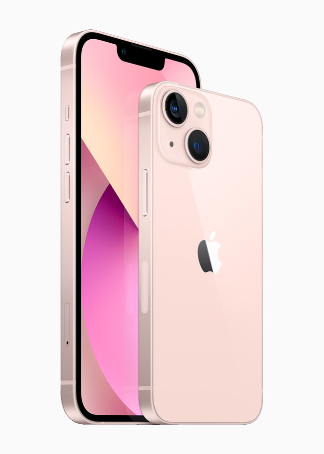 Front and back of iPhone 13 and iPhone 13 mini in pink.