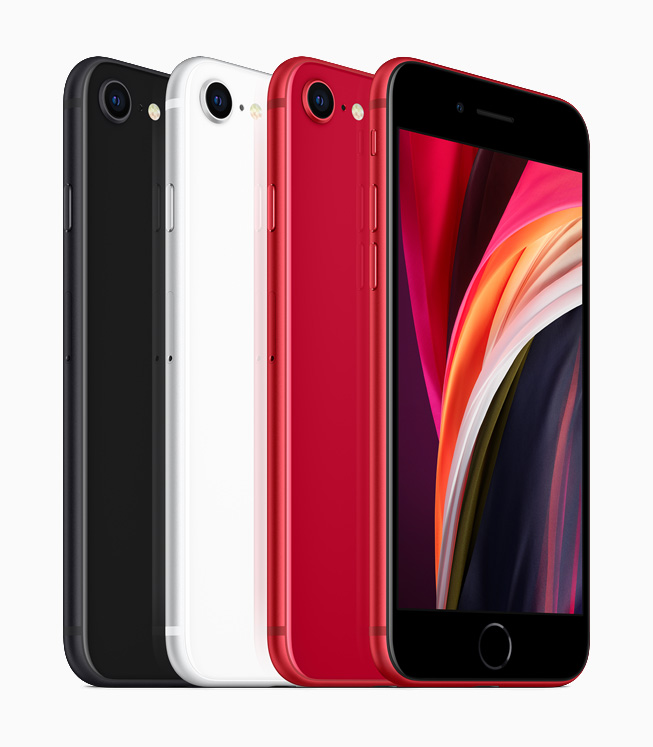 iPhone SE em preto, branco e (PRODUCT)RED.