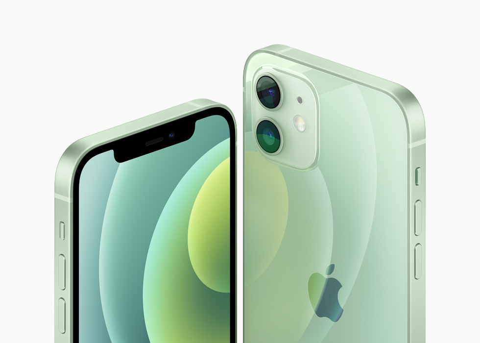 Das iPhone 12 und das iPhone 12 mini mit Aluminiumfinish in Grün.
