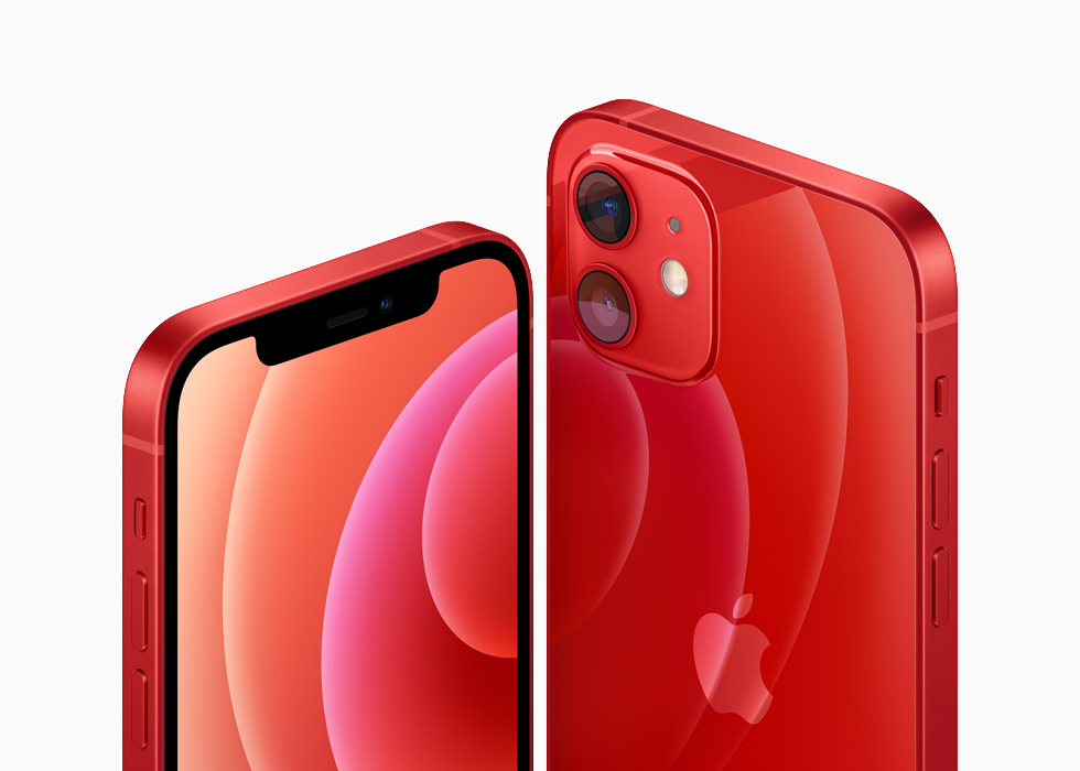 iPhone 12 and iPhone 12 mini in the (PRODUCT)RED aluminum finish.