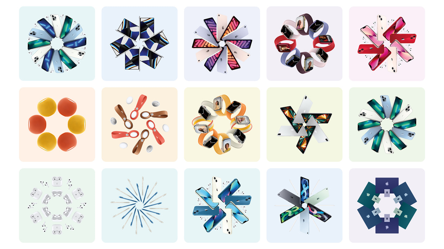 Various Apple products and accessories superimposed in snowflake shapes.