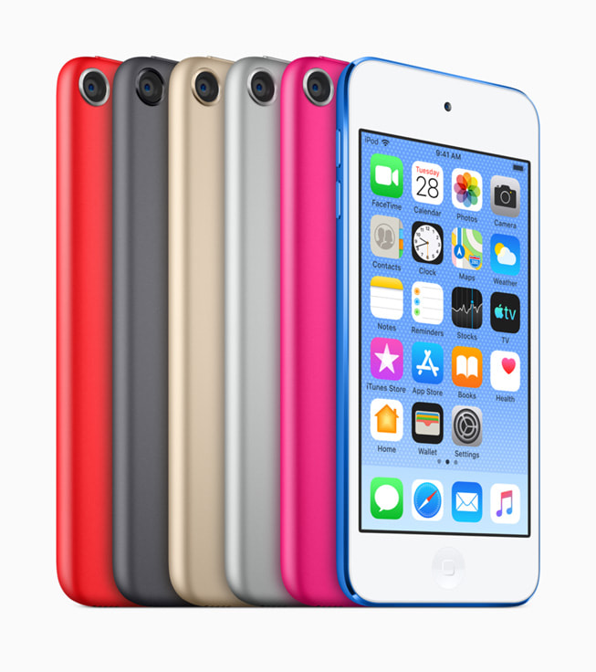 Six iPod touch devices are shown in a range of colors.