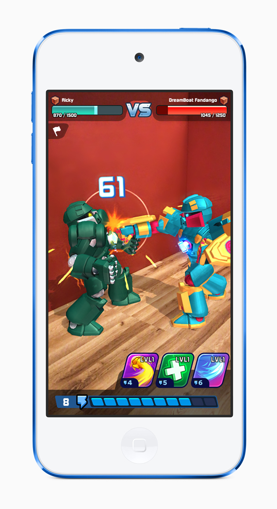 A robot combat game displayed on iPod touch.