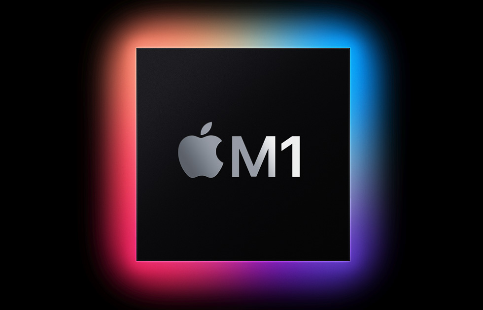 A glowing black square imprinted with the Apple logo and “M1.” 