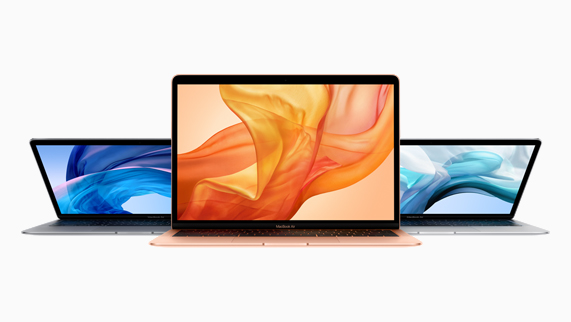 Three MacBook Air finishes in space grey, gold and silver.