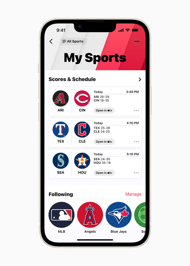 Sección Mis Deportes en Apple News de iOS 16 en el iPhone 14.