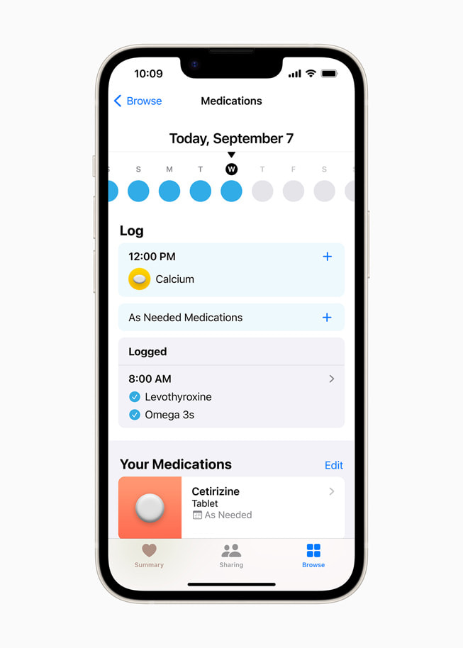 Medicamentos do iOS 16 no app Saúde no iPhone 14.