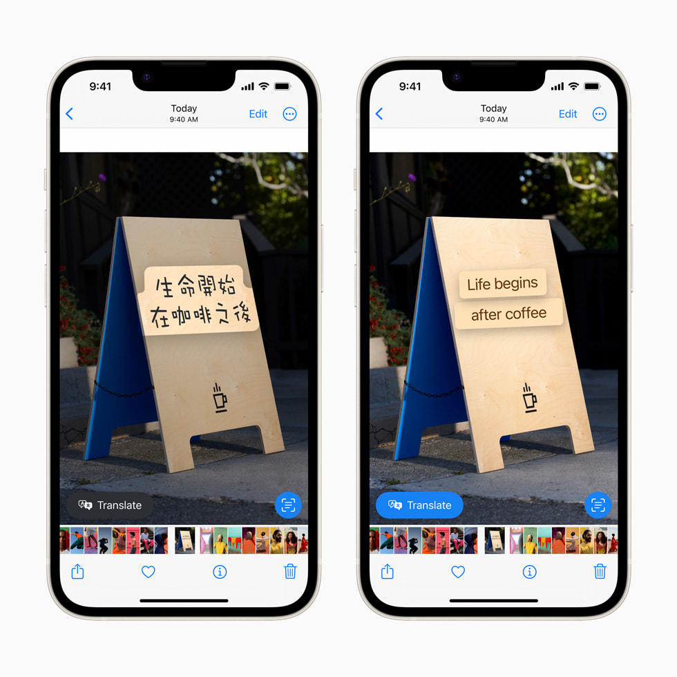 Tradução de uma placa usando a inteligência do aparelho com o Texto ao Vivo no iOS 16 no iPhone 14.