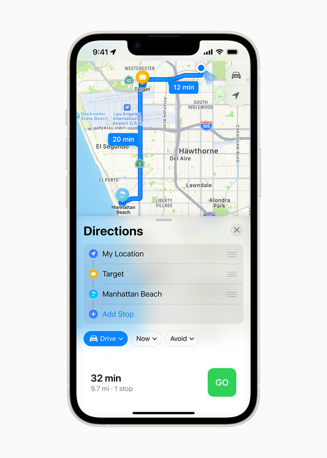 Rutas con varias paradas en Mapas de Apple de iOS 16 en el iPhone 14. 