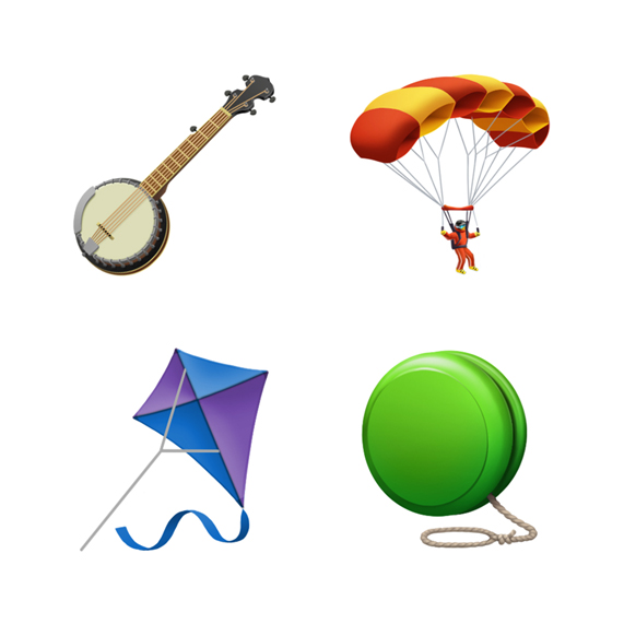 Emoji of banjo, parachute, kite and yo-yo.