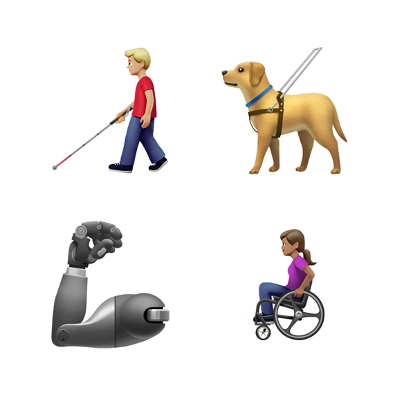 Emoji of man with cane, guide dog, prosthetic arm and woman in wheelchair.