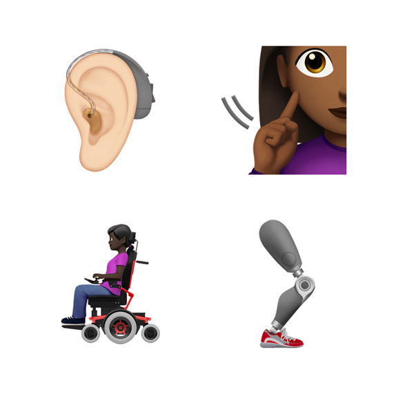 Hearing aid, prosthetic leg and other disability-themed emoji.