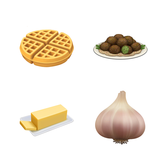 Emoji of waffle, falafel, butter and garlic.