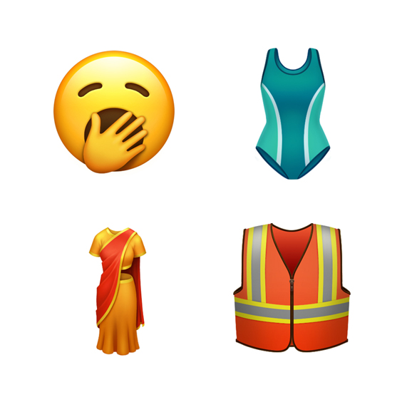Four emoji including yawning face, one-piece swimsuit.