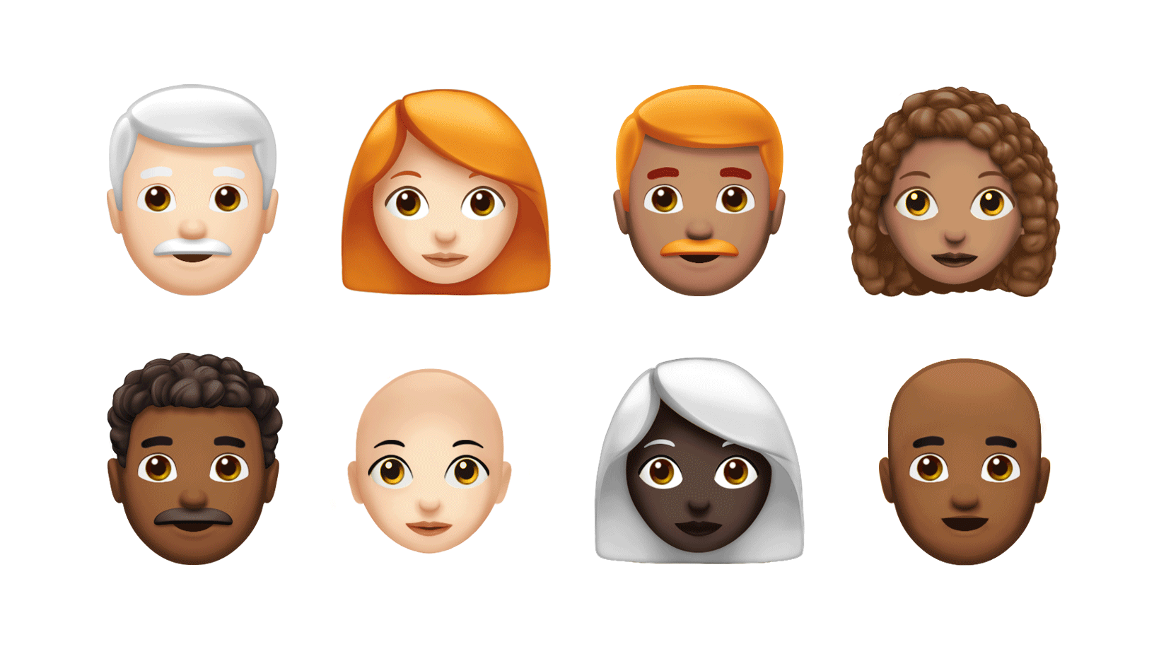 Zwei Reihen neuer Emoji-Designs, inklusive Emojis mit grauen, roten und lockigen Haaren.