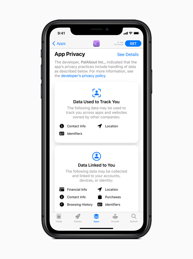 iPhone 11 Pro에 표시된 App Store의 새로운 App Privacy 페이지.