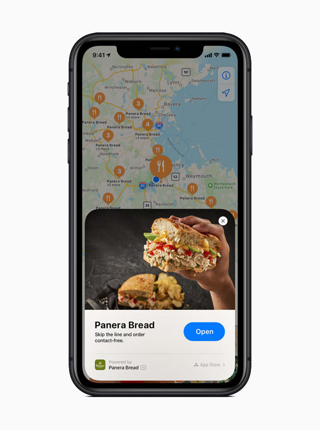 Een App Clip voor bakkerij Panera Bread in de Kaarten-app, weergegeven op iPhone 11 Pro.