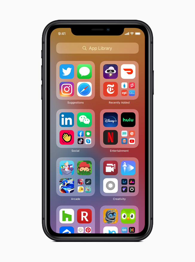 The new App Library in iOS 14 displayed on iPhone 11 Pro.